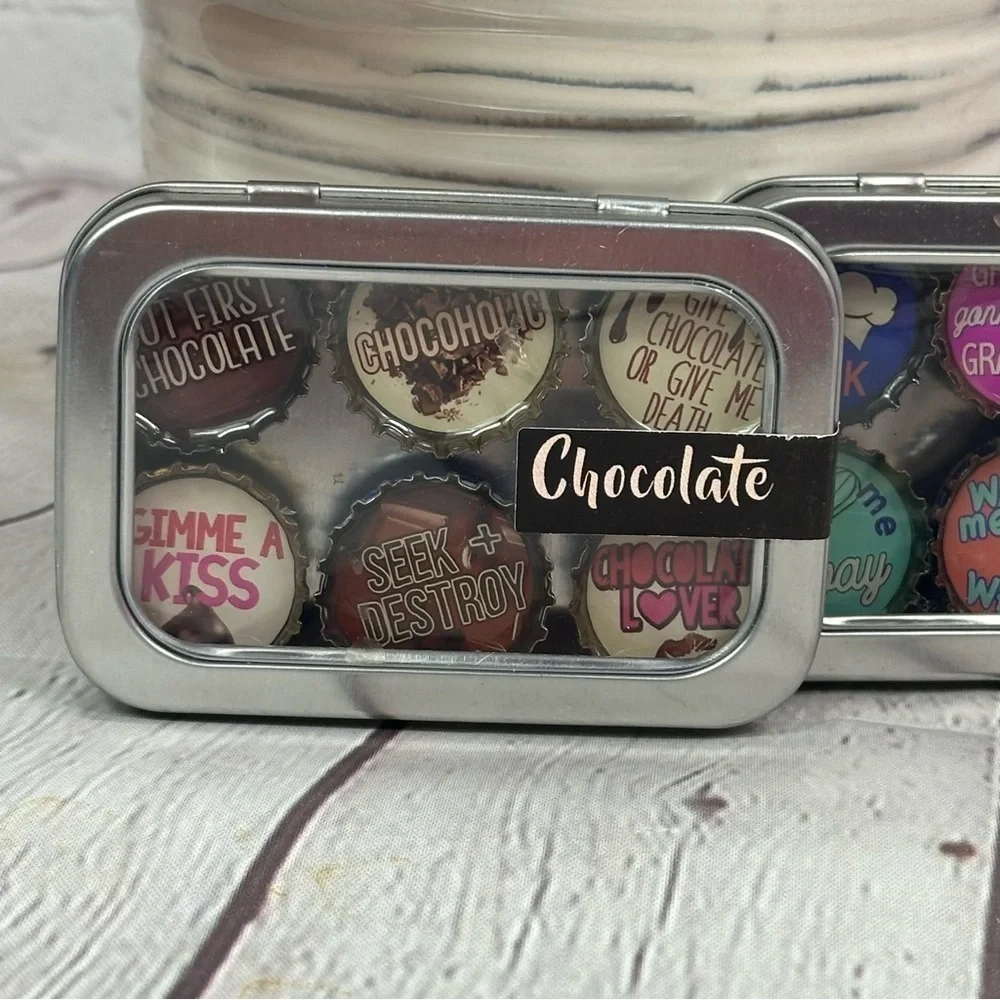 NWT Decorative Tin Set with Colorful Magnets kiss the cook and chocolate sets